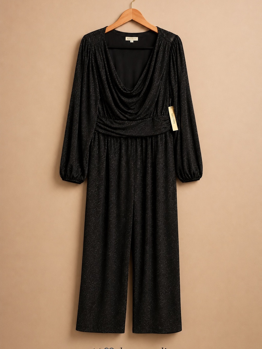Kiyonna Black Glitter Knit Cowl Neck Wide Leg Jumpsuit 1X Plus Size NWT Lined
